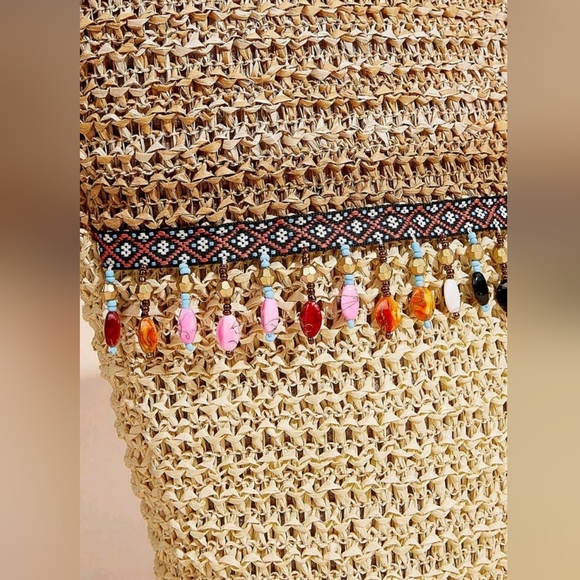 Boho Beaded Straw WovenTote Bag Purse Handcrafted Beach Summer Vibes For Woman - Picture 4 of 5